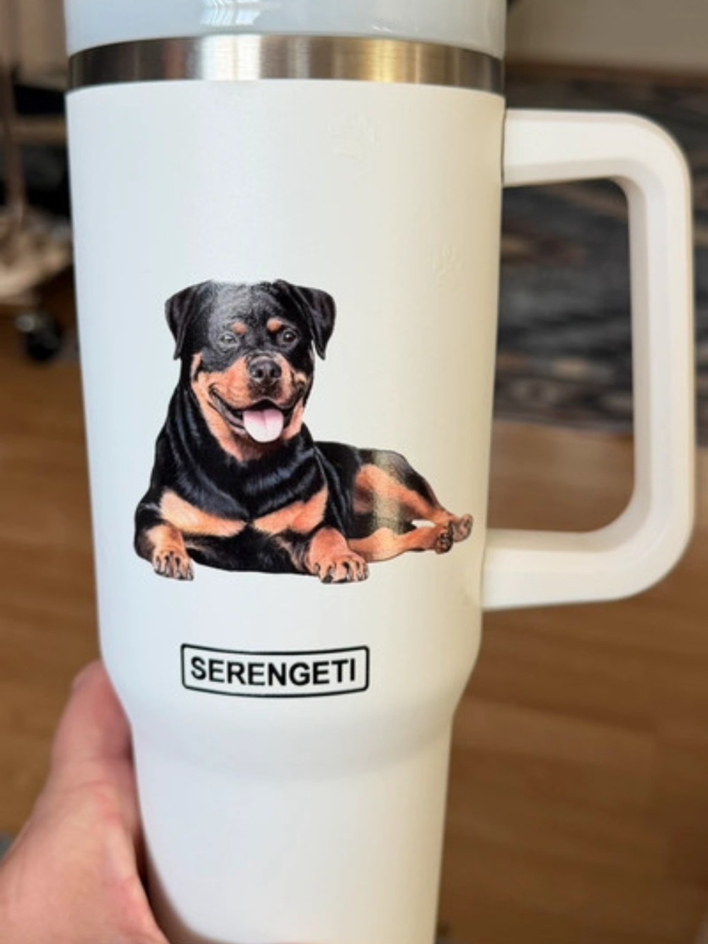 Serengeti White Travel Mug with Rottweiler Graphic